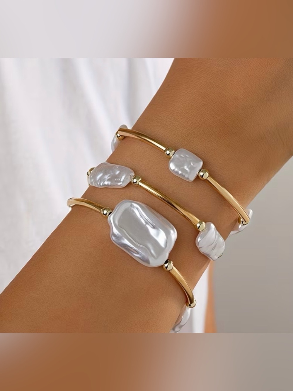 Gold Pearl Accent Bangle Bracelet Set of 3 Baroque White Pearl